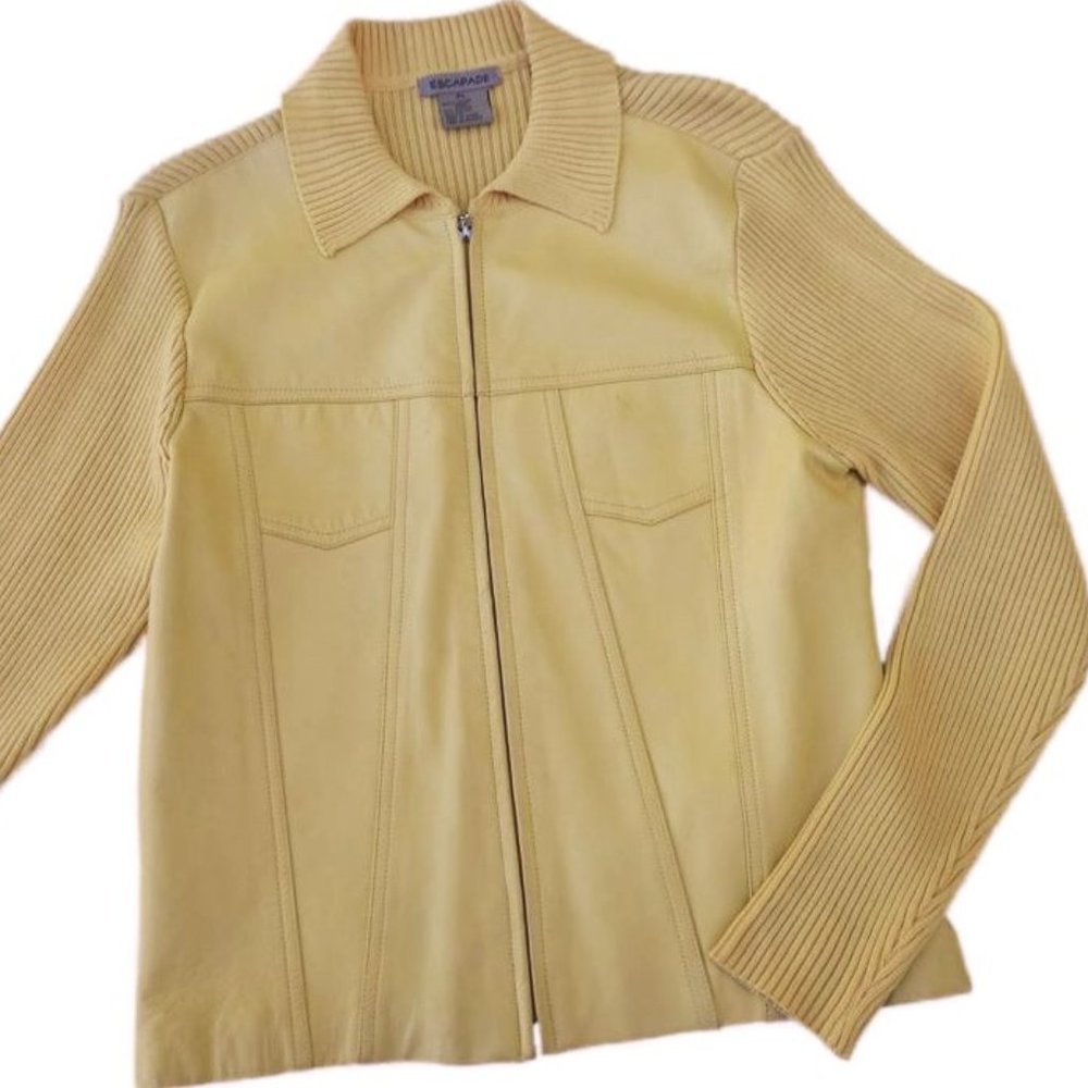 Vintage Mustard Yellow Knit Sweater Cardigan Leather Front Zipper Retro PL